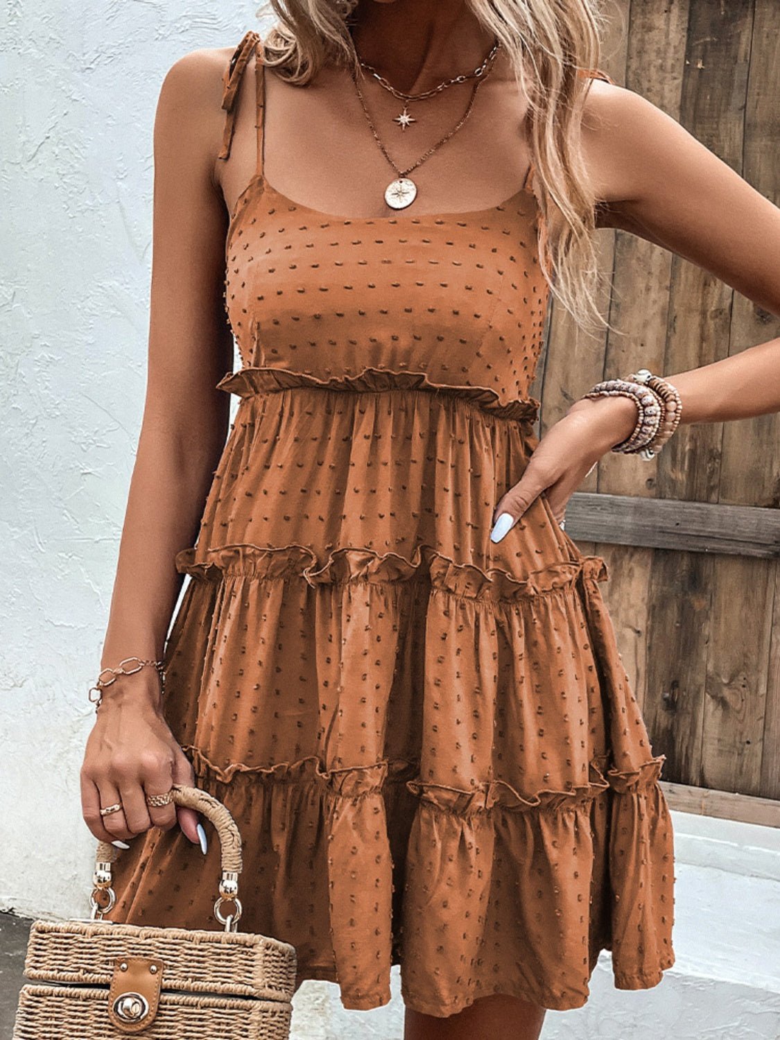 Frill Spaghetti Strap Tiered Dress - Luminous Bear