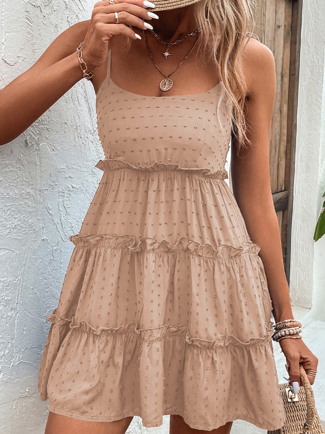 Frill Spaghetti Strap Tiered Dress - Luminous Bear