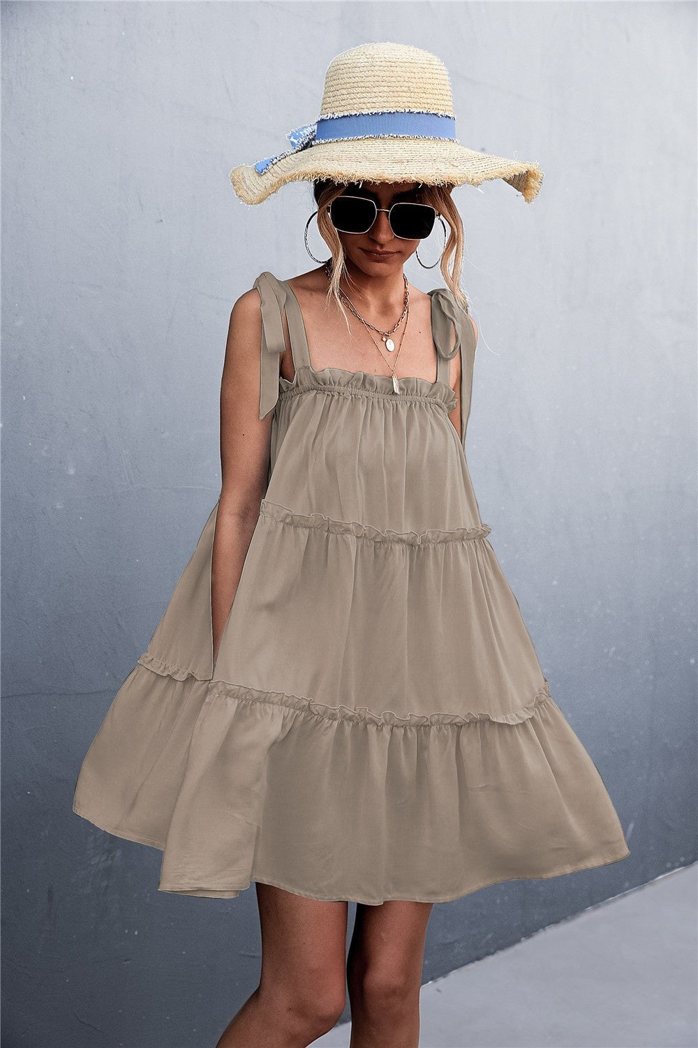 Frill Tiered Tie Shoulder Mini Cami Dress - Luminous Bear