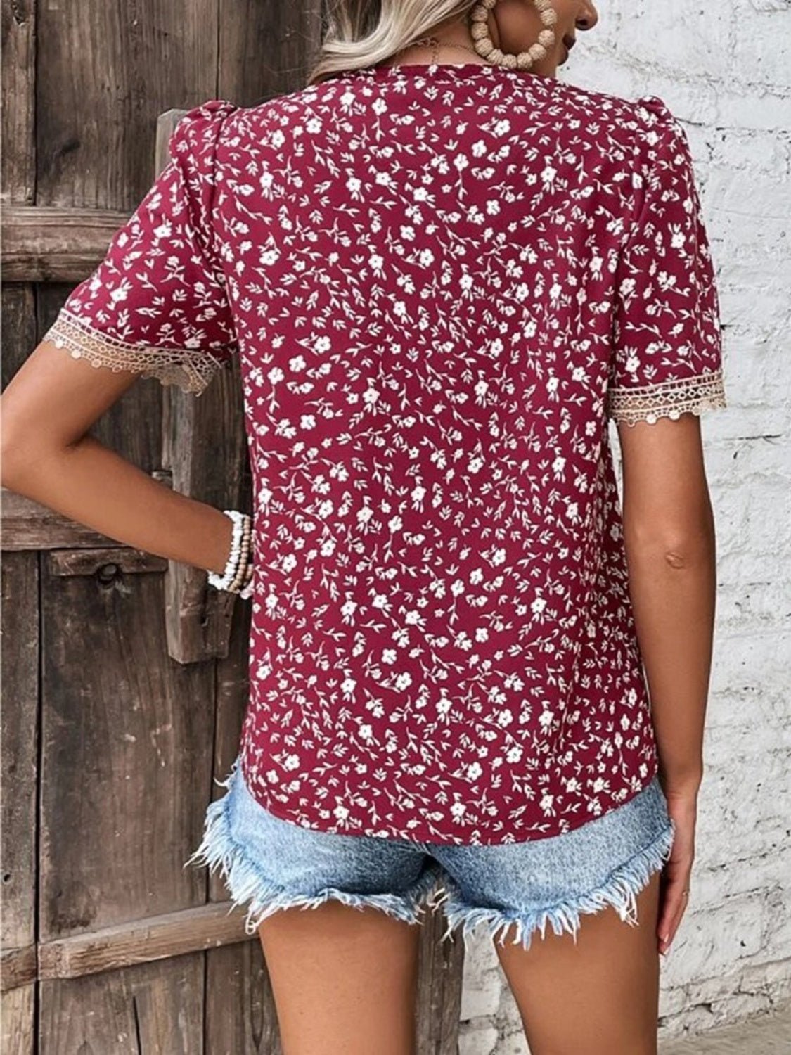 Full Size Printed V-Neck Short Sleeve Blouse - Luminous Bear