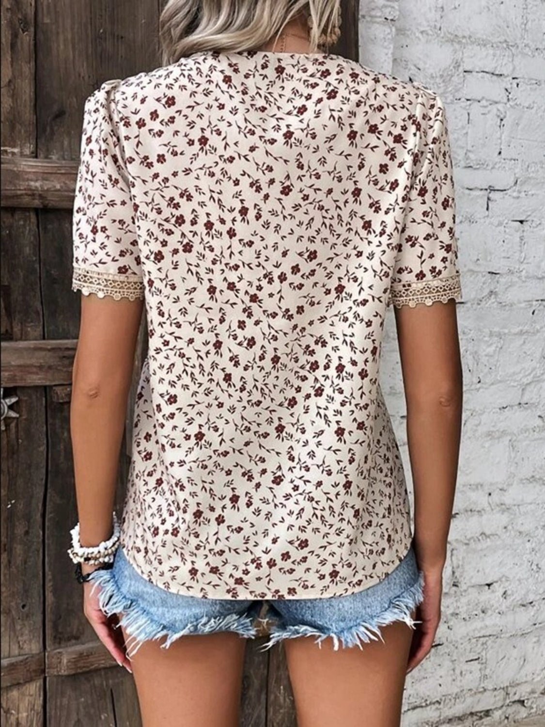 Full Size Printed V-Neck Short Sleeve Blouse - Luminous Bear