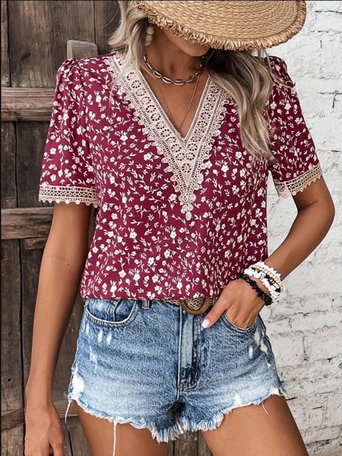 Full Size Printed V-Neck Short Sleeve Blouse - Luminous Bear