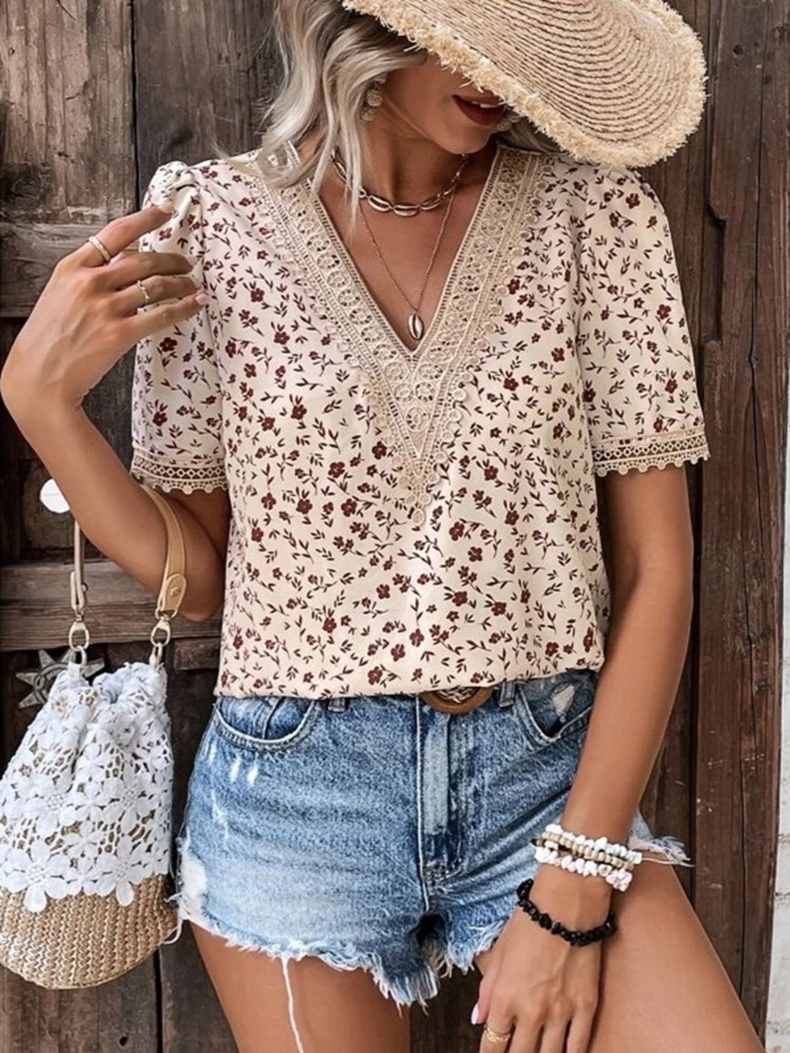 Full Size Printed V-Neck Short Sleeve Blouse - Luminous Bear