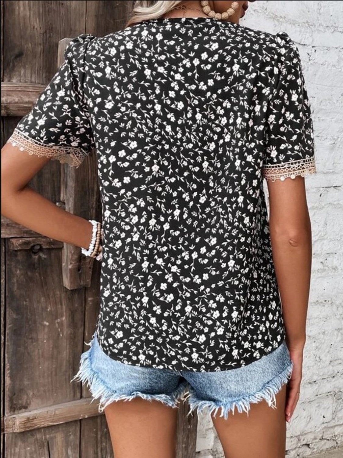 Full Size Printed V-Neck Short Sleeve Blouse - Luminous Bear