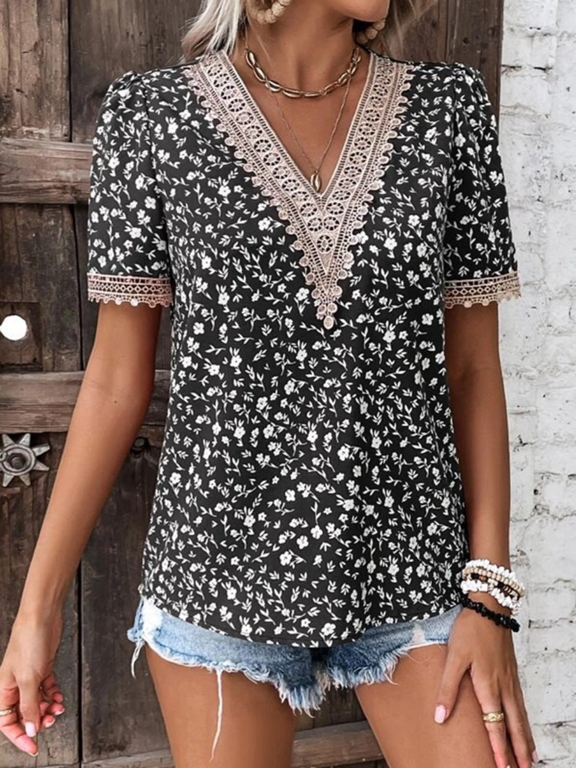 Full Size Printed V-Neck Short Sleeve Blouse - Luminous Bear