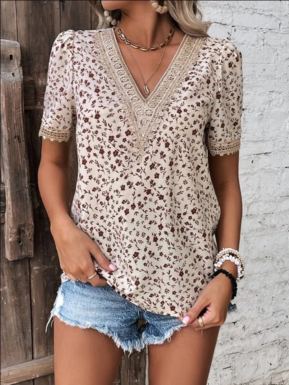 Full Size Printed V-Neck Short Sleeve Blouse - Luminous Bear