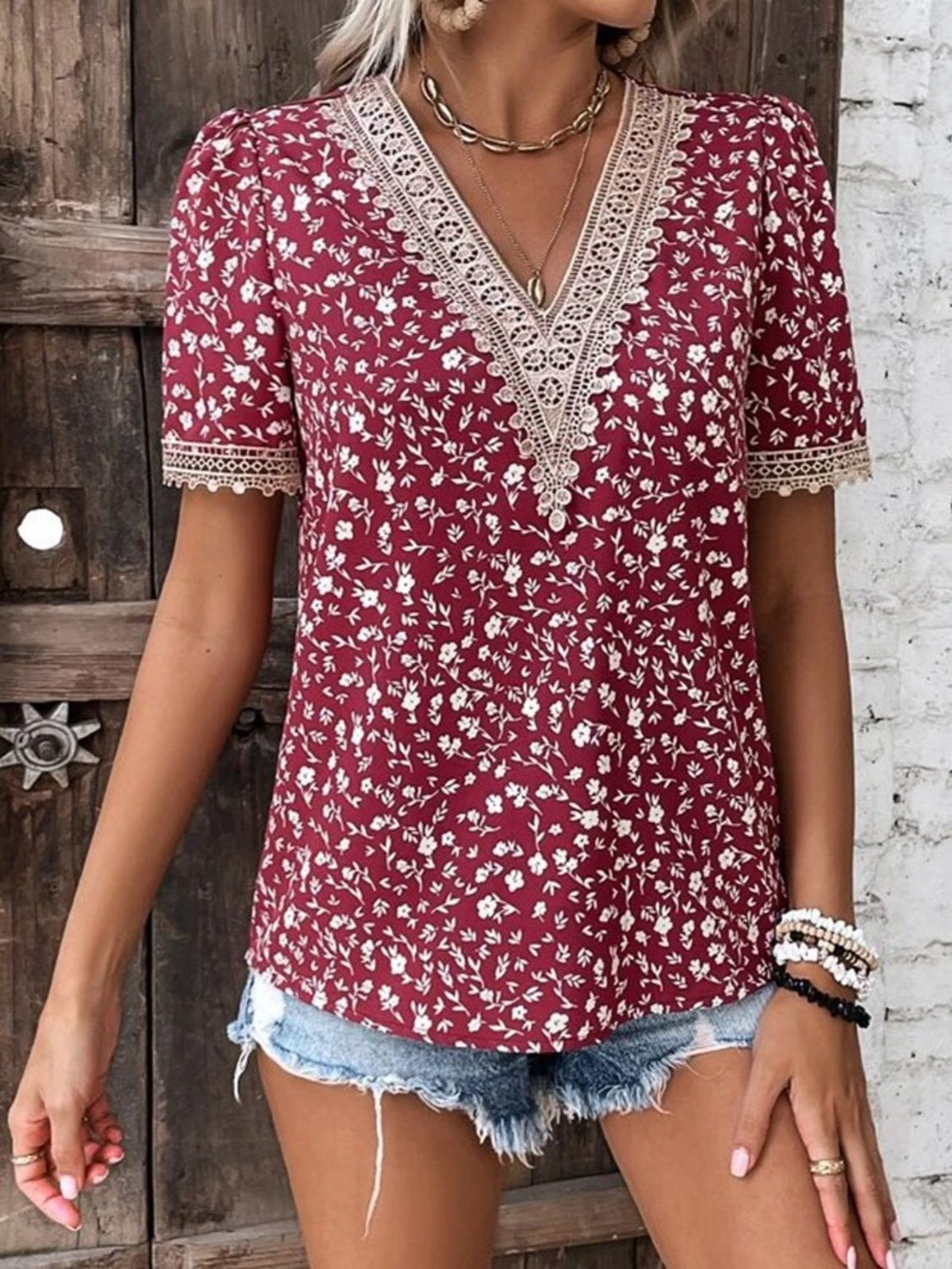 Full Size Printed V-Neck Short Sleeve Blouse - Luminous Bear