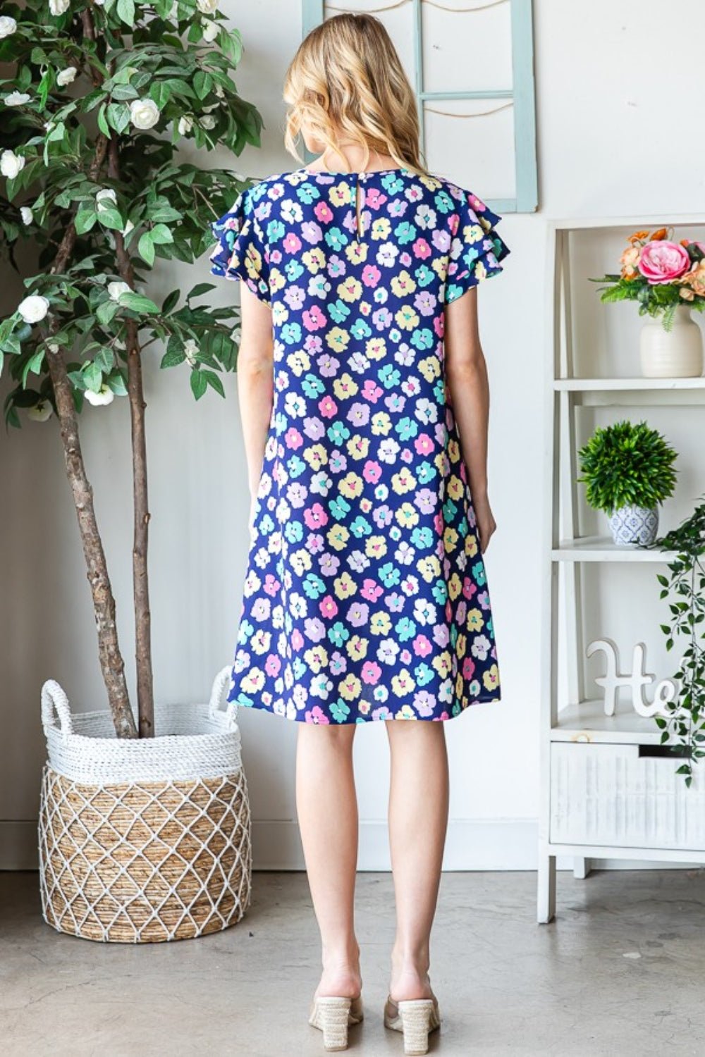 Heimish Full Size Floral Ruffled Short Sleeve Dress with Pockets - Luminous Bear