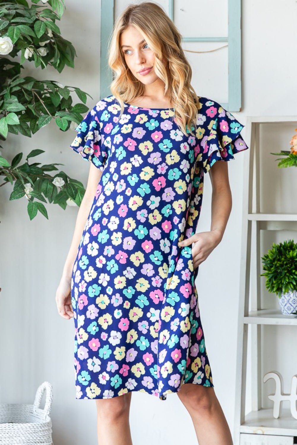 Heimish Full Size Floral Ruffled Short Sleeve Dress with Pockets - Luminous Bear