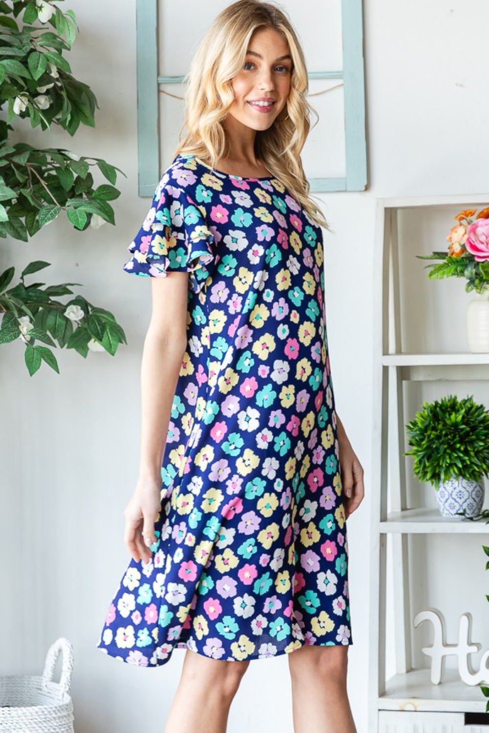 Heimish Full Size Floral Ruffled Short Sleeve Dress with Pockets - Luminous Bear