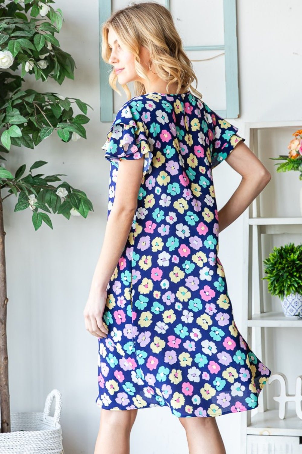 Heimish Full Size Floral Ruffled Short Sleeve Dress with Pockets - Luminous Bear