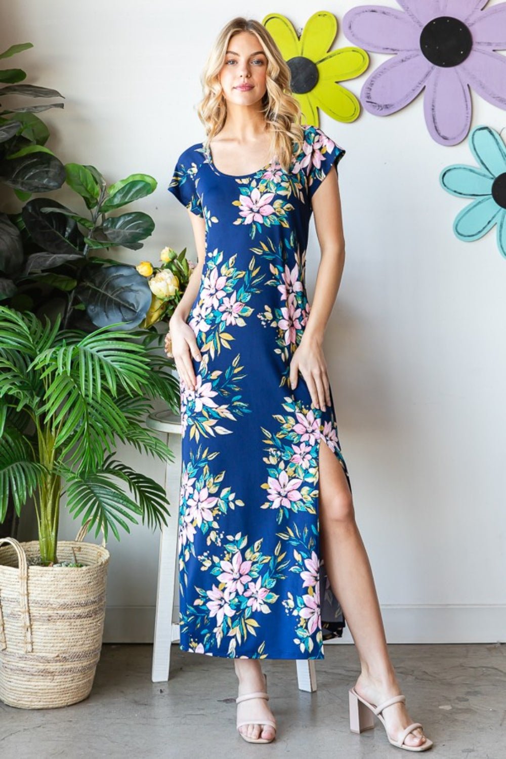 Heimish Full Size Floral Short Sleeve Slit Dress - Luminous Bear