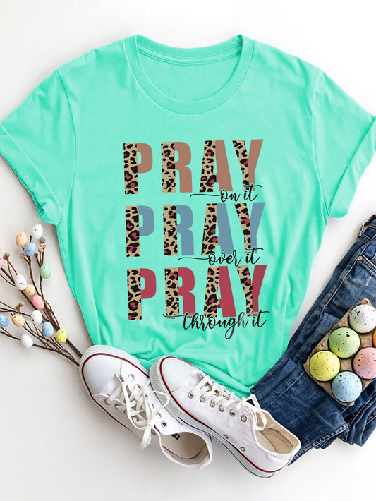 Letter Graphic Round Neck Short Sleeve T-Shirt - Luminous Bear