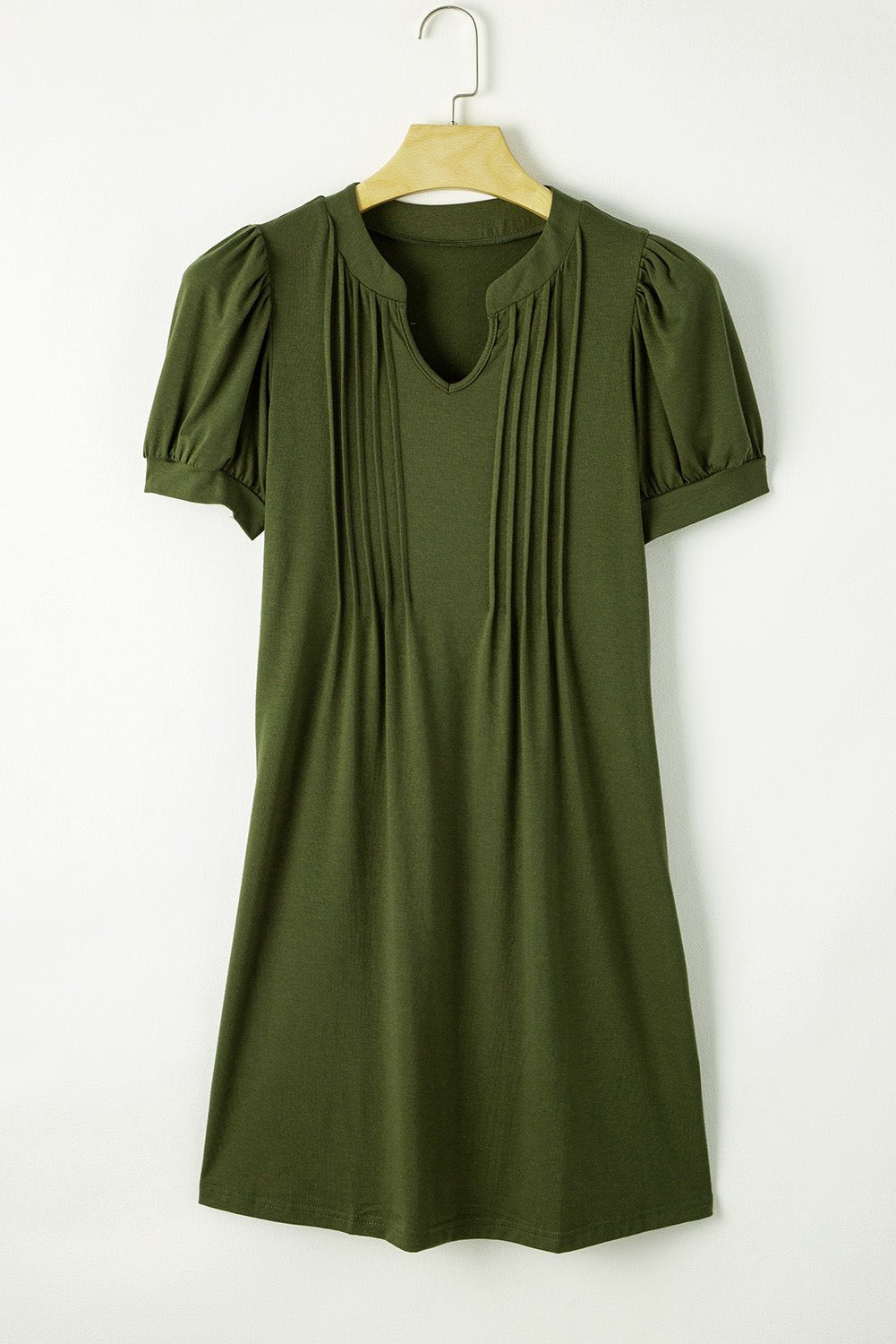 Pin-Tuck Notched Short Sleeve Dress - Luminous Bear