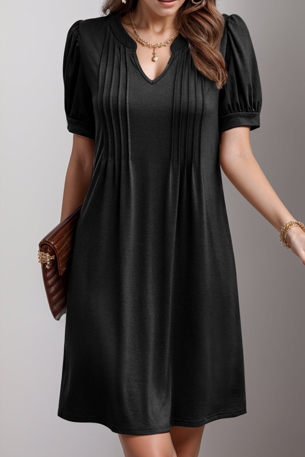 Pin-Tuck Notched Short Sleeve Dress - Luminous Bear