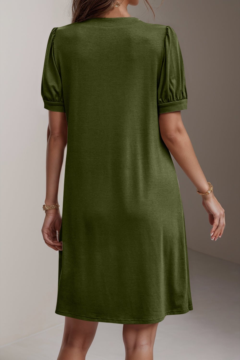 Pin-Tuck Notched Short Sleeve Dress - Luminous Bear