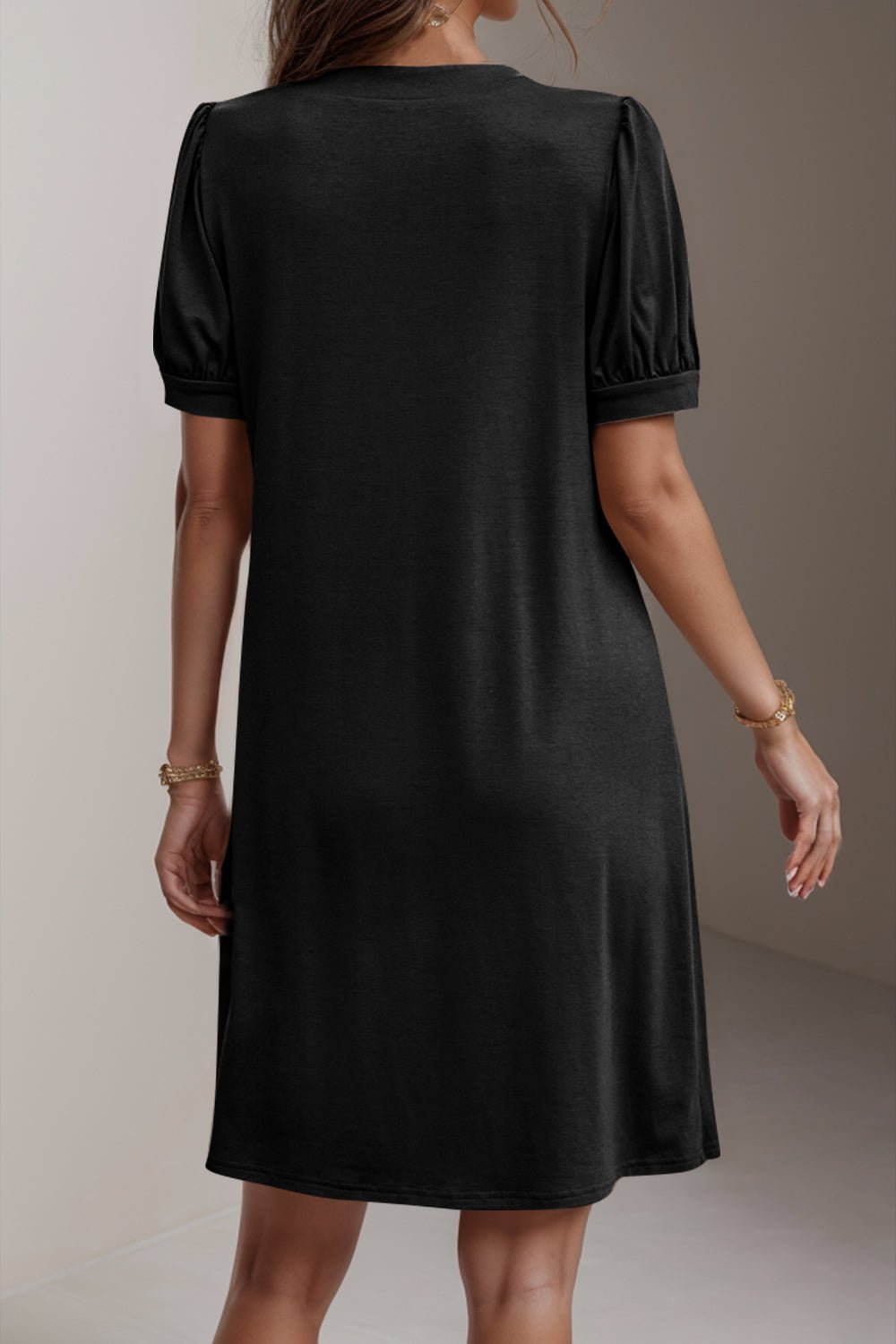 Pin-Tuck Notched Short Sleeve Dress - Luminous Bear