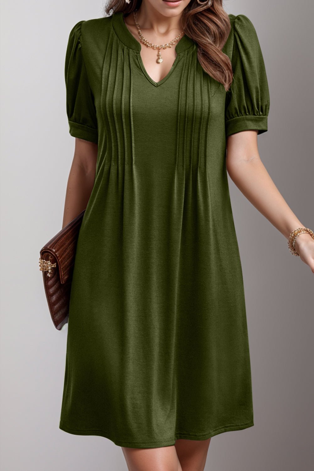Pin-Tuck Notched Short Sleeve Dress - Luminous Bear