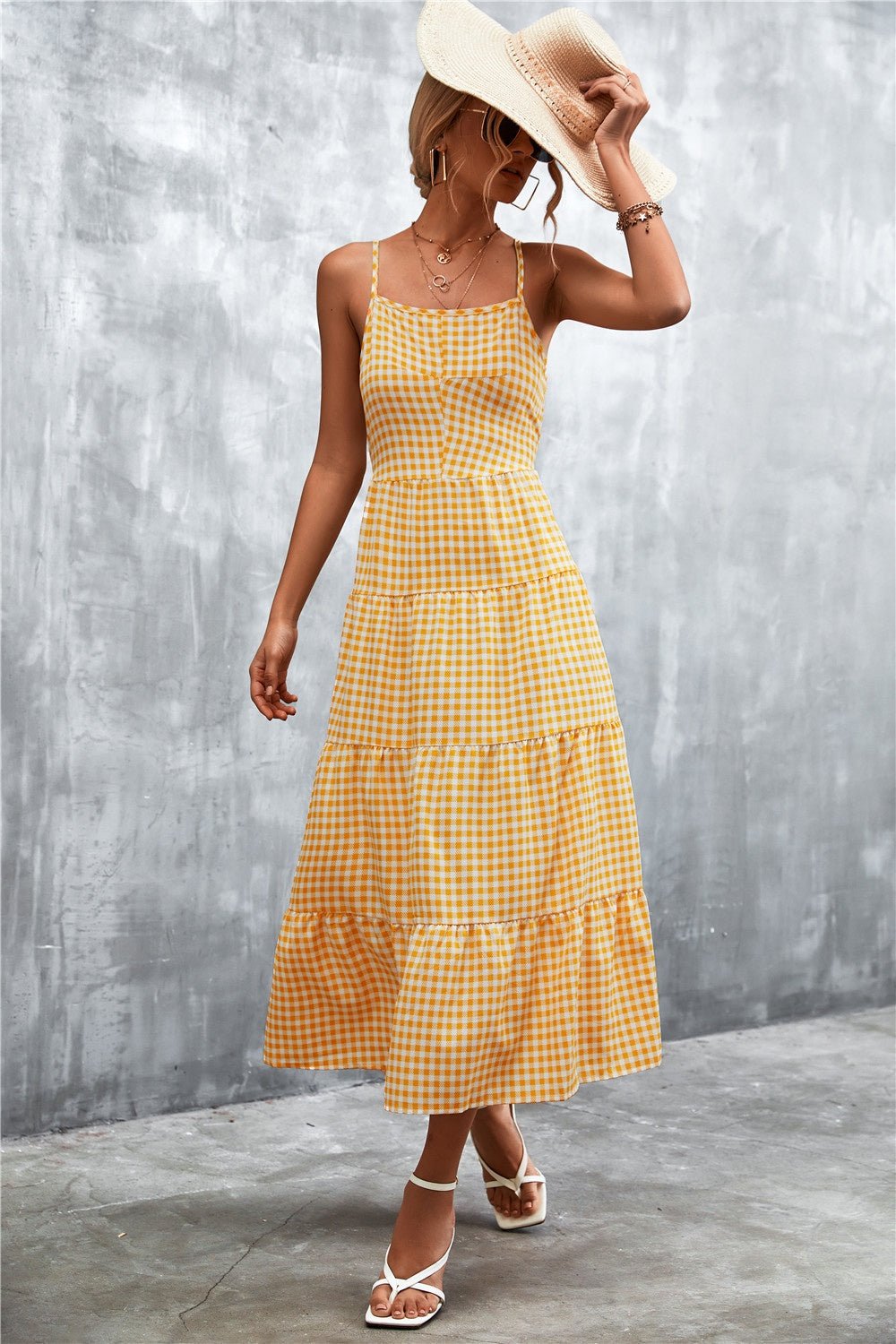 Plaid Square Neck Midi Cami Dress - Luminous Bear
