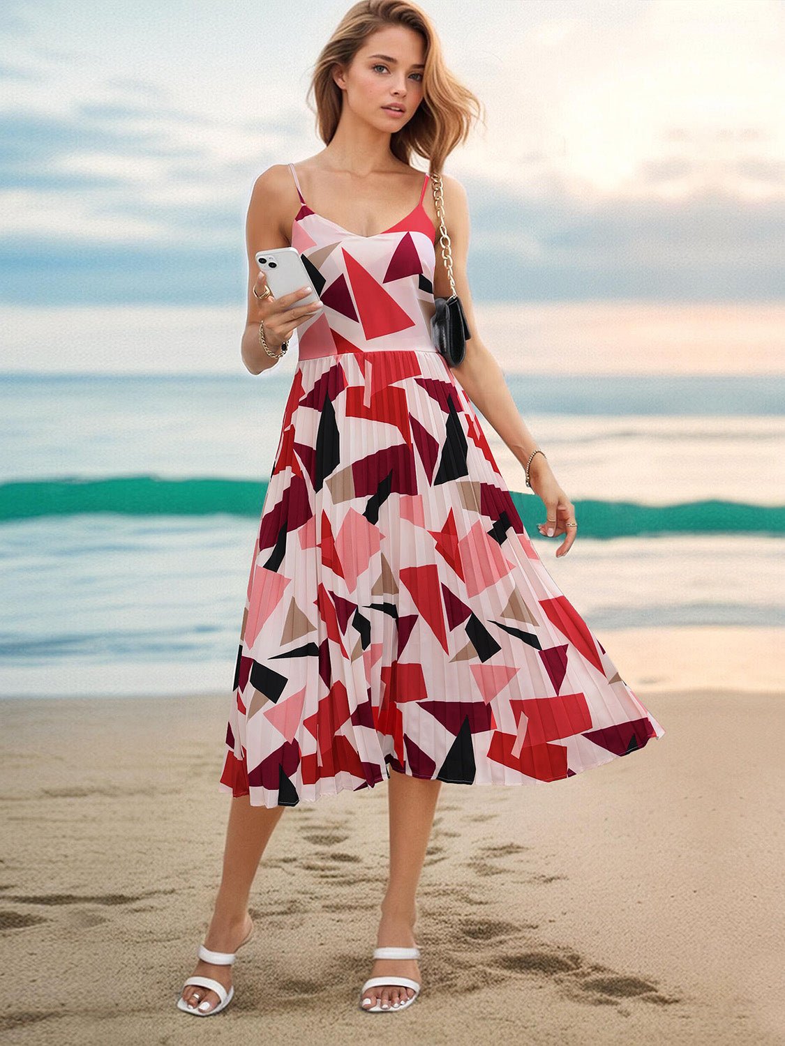 Pleated Geometric Spaghetti Strap Dress - Luminous Bear