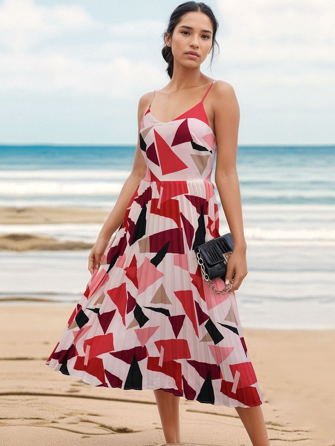 Pleated Geometric Spaghetti Strap Dress - Luminous Bear