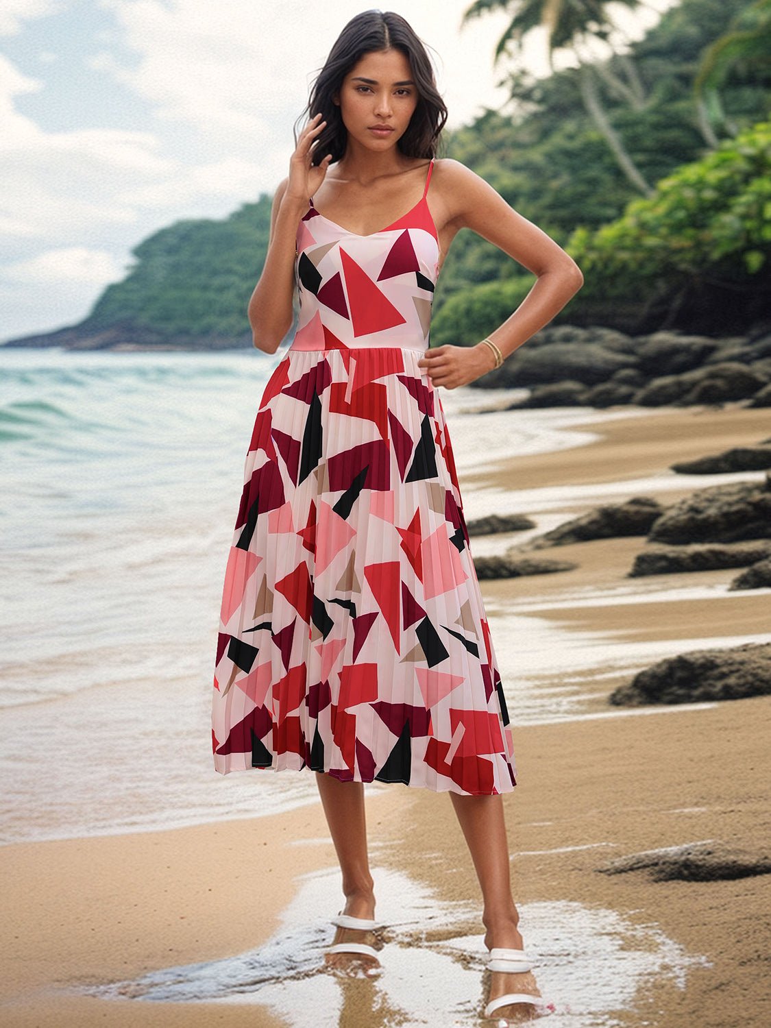 Pleated Geometric Spaghetti Strap Dress - Luminous Bear