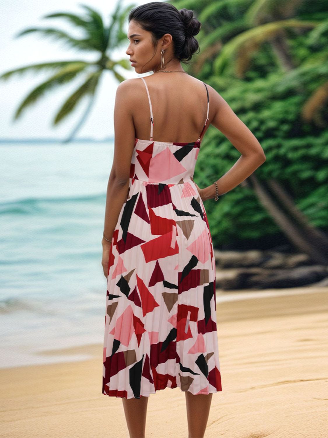Pleated Geometric Spaghetti Strap Dress - Luminous Bear