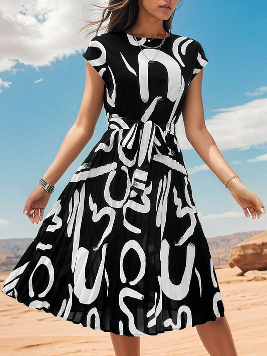 Printed Cap Sleeve Tie Waist Dress - Luminous Bear