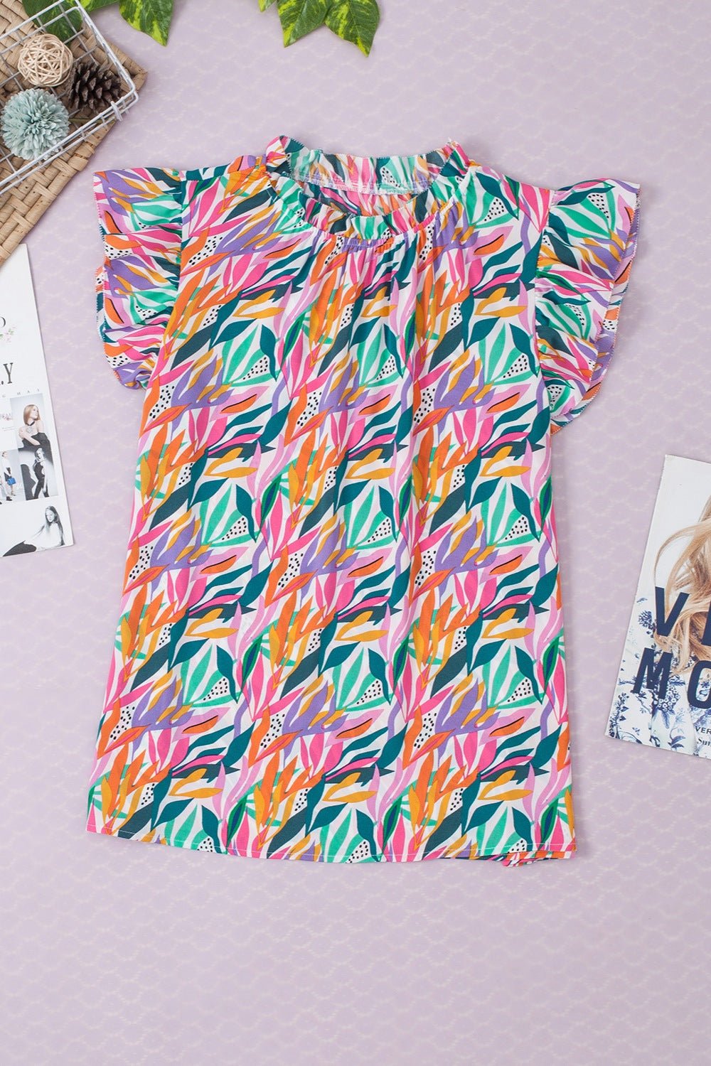 Printed Round Neck Cap Sleeve Blouse - Luminous Bear
