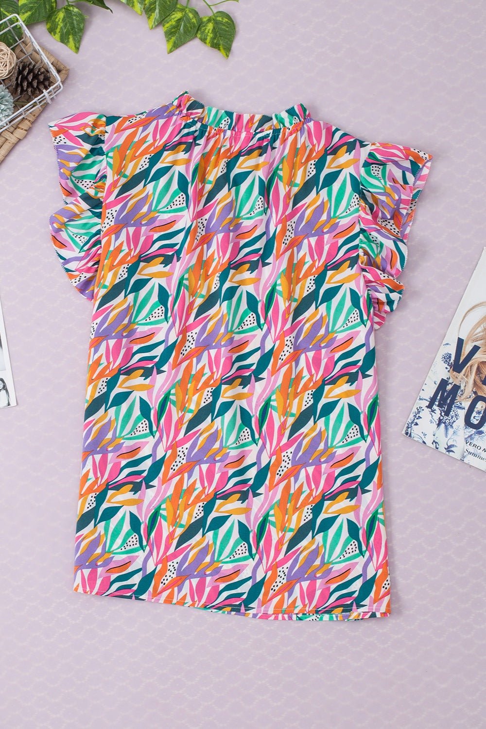 Printed Round Neck Cap Sleeve Blouse - Luminous Bear