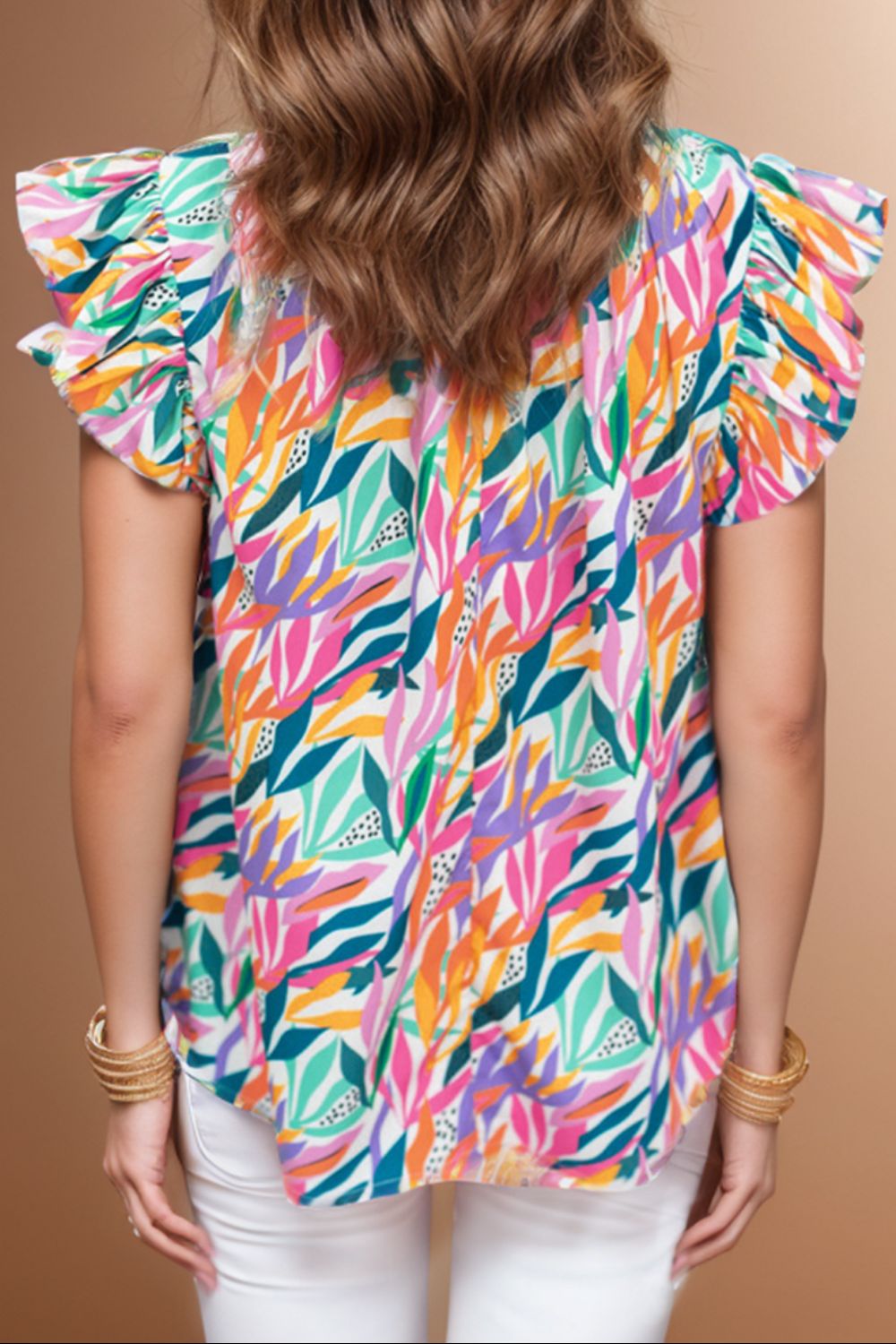 Printed Round Neck Cap Sleeve Blouse - Luminous Bear