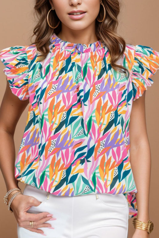 Printed Round Neck Cap Sleeve Blouse - Luminous Bear