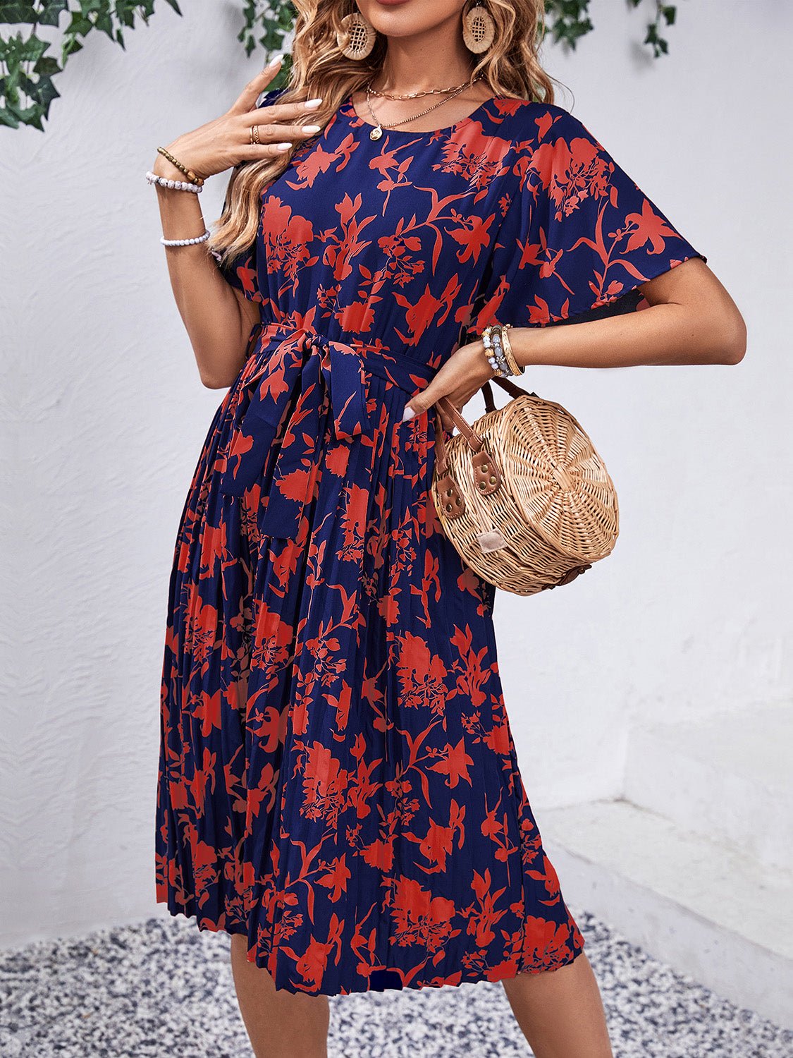 Printed Round Neck Short Sleeve Dress - Luminous Bear