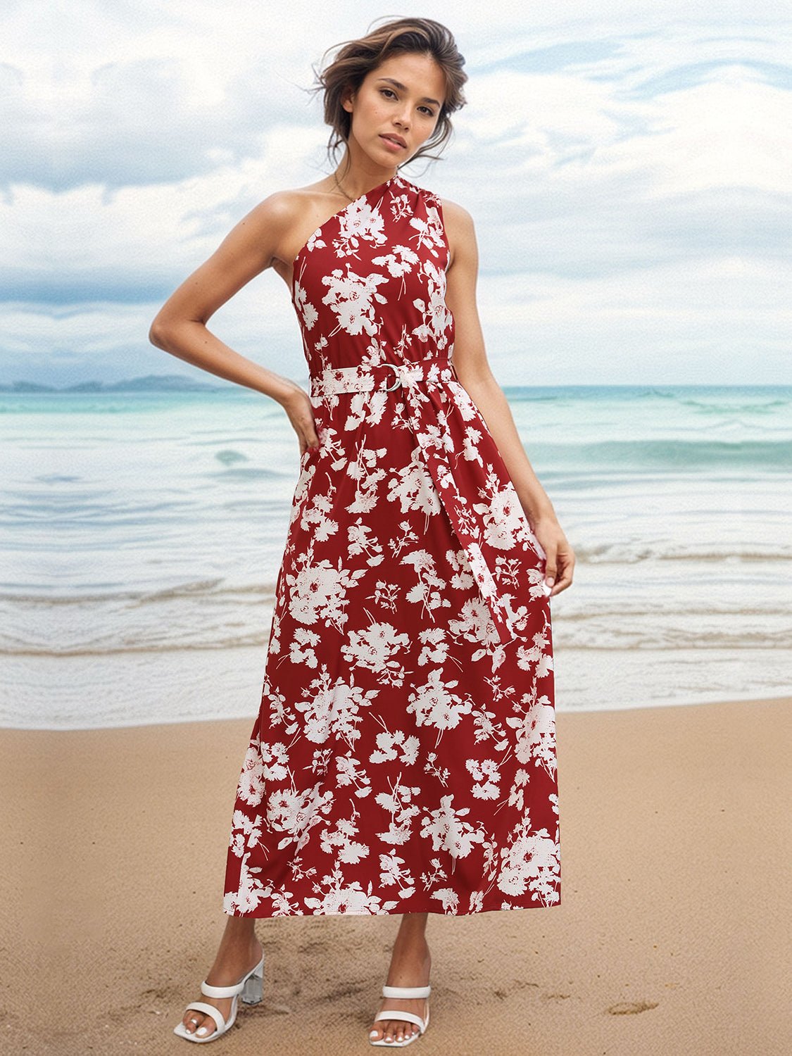 Printed Single Shoulder Sleeveless Dress - Luminous Bear