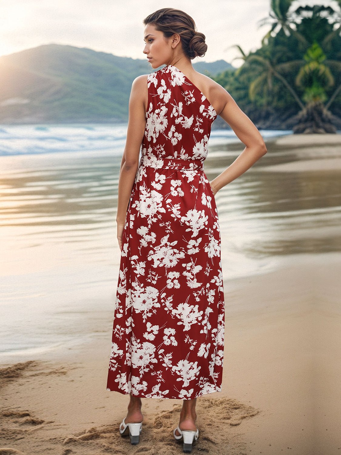 Printed Single Shoulder Sleeveless Dress - Luminous Bear
