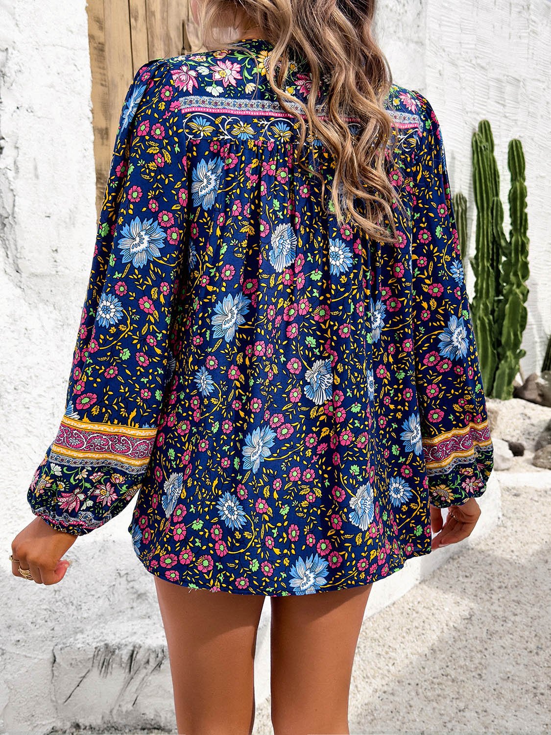 Printed Tie Neck Long Sleeve Blouse - Luminous Bear