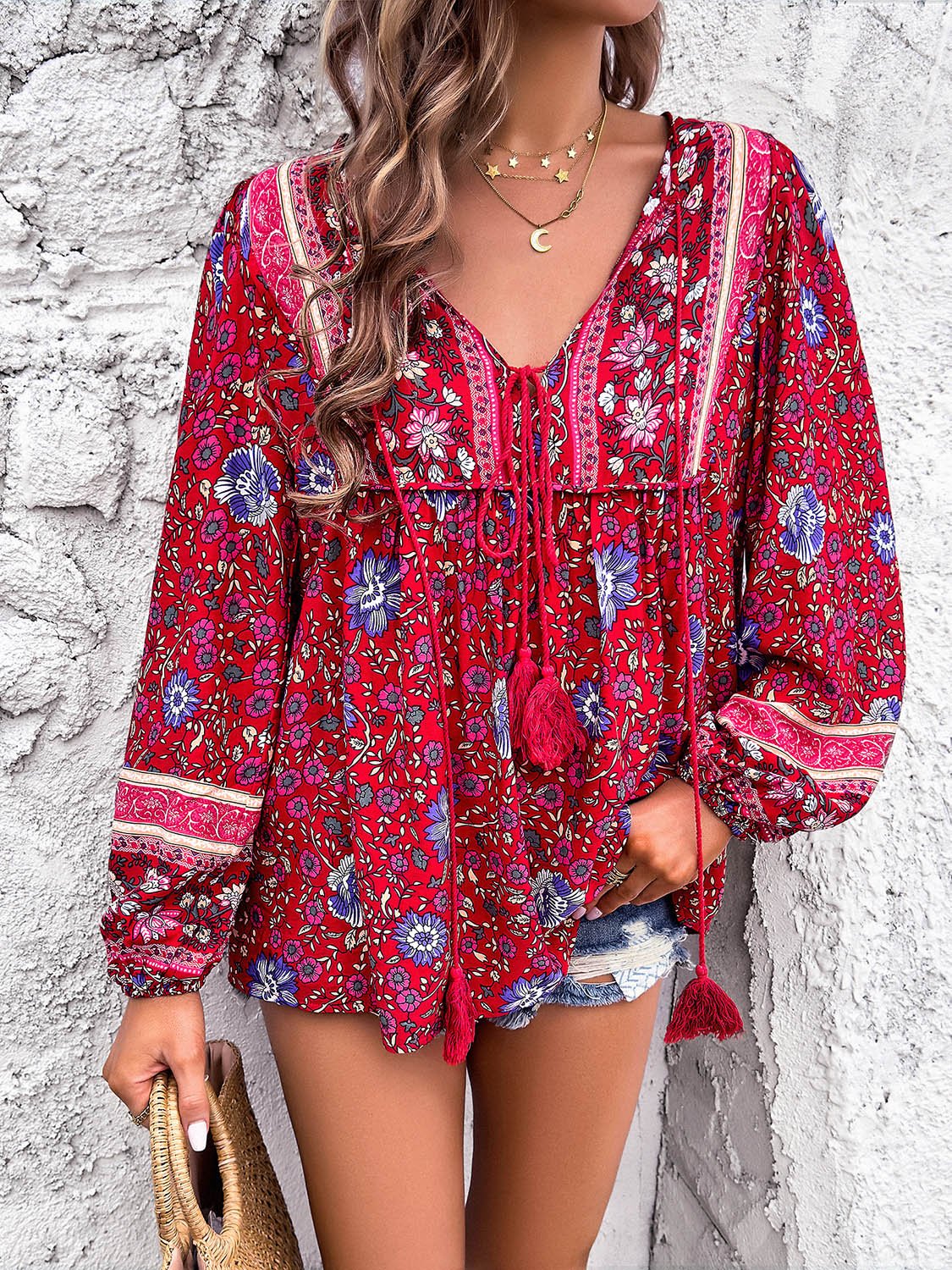 Printed Tie Neck Long Sleeve Blouse - Luminous Bear