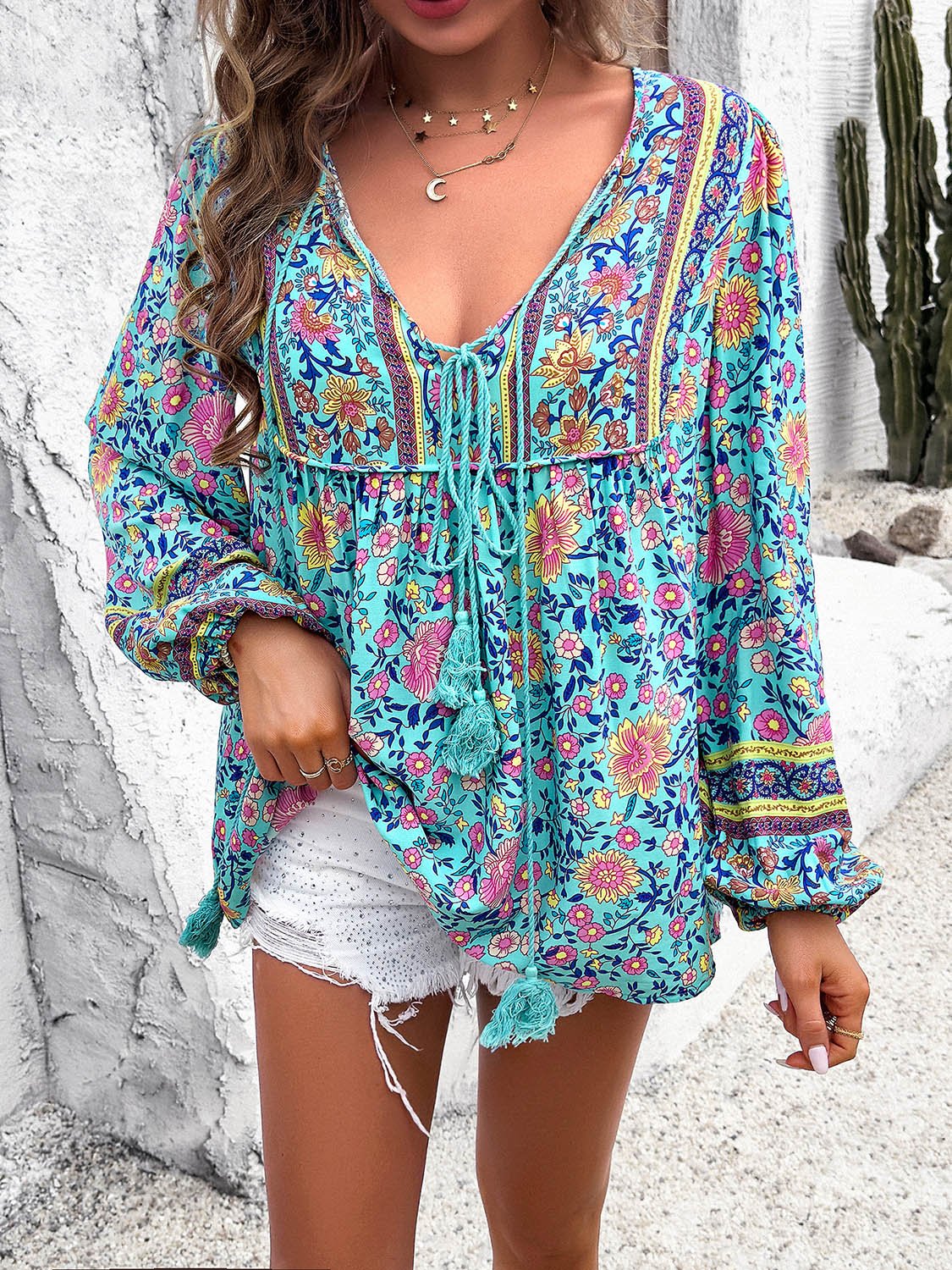 Printed Tie Neck Long Sleeve Blouse - Luminous Bear