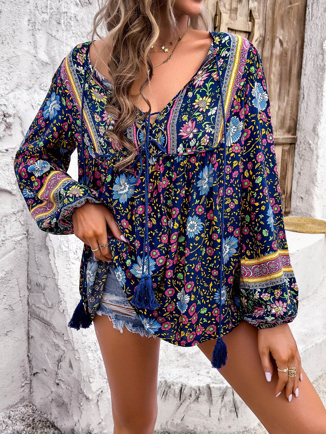 Printed Tie Neck Long Sleeve Blouse - Luminous Bear