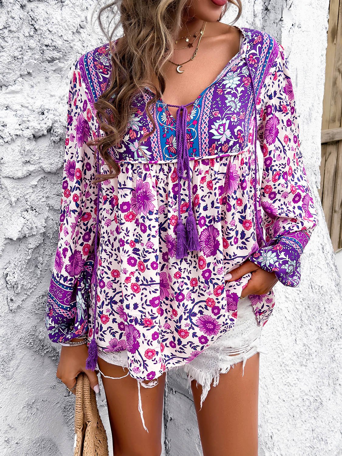Printed Tie Neck Long Sleeve Blouse - Luminous Bear