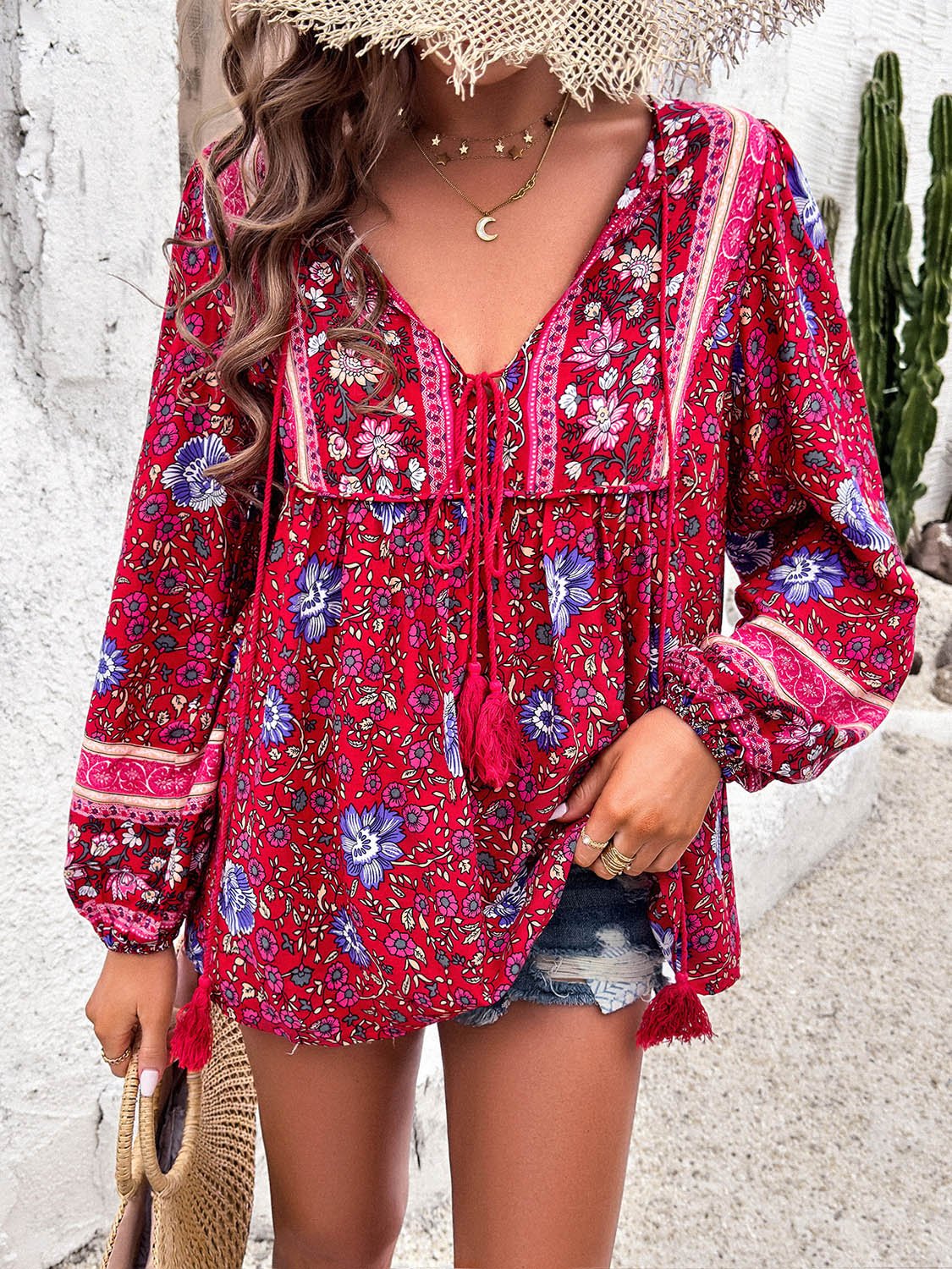 Printed Tie Neck Long Sleeve Blouse - Luminous Bear