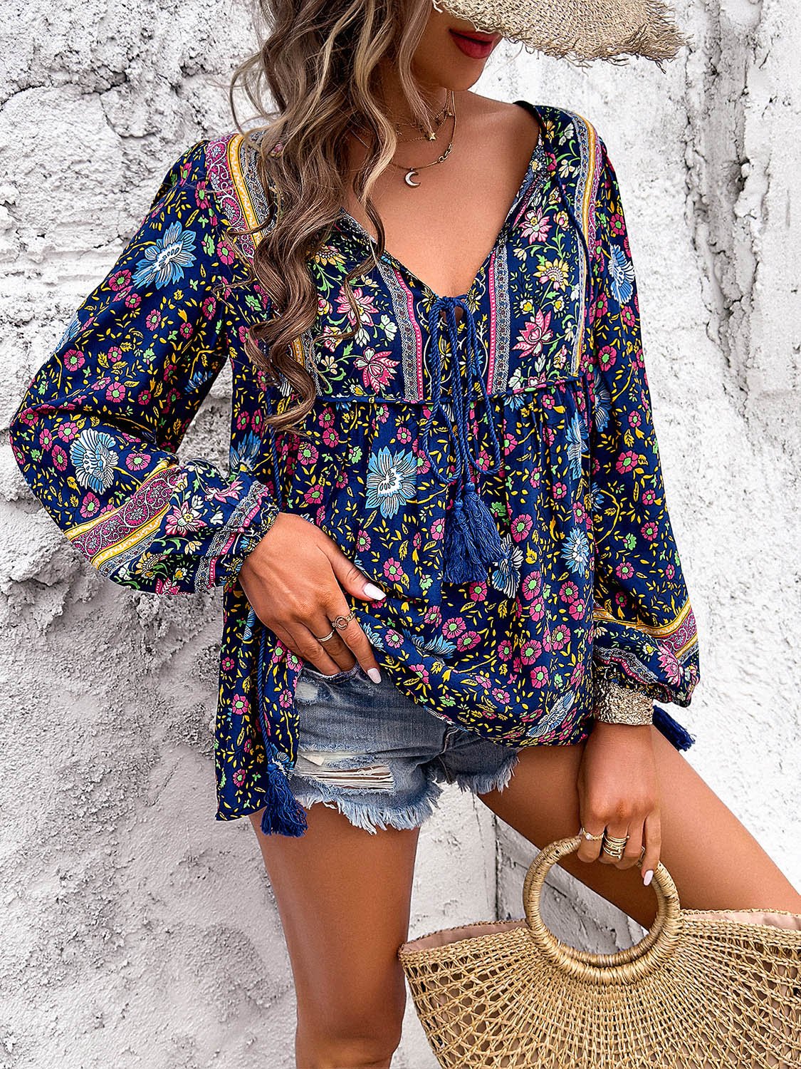 Printed Tie Neck Long Sleeve Blouse - Luminous Bear