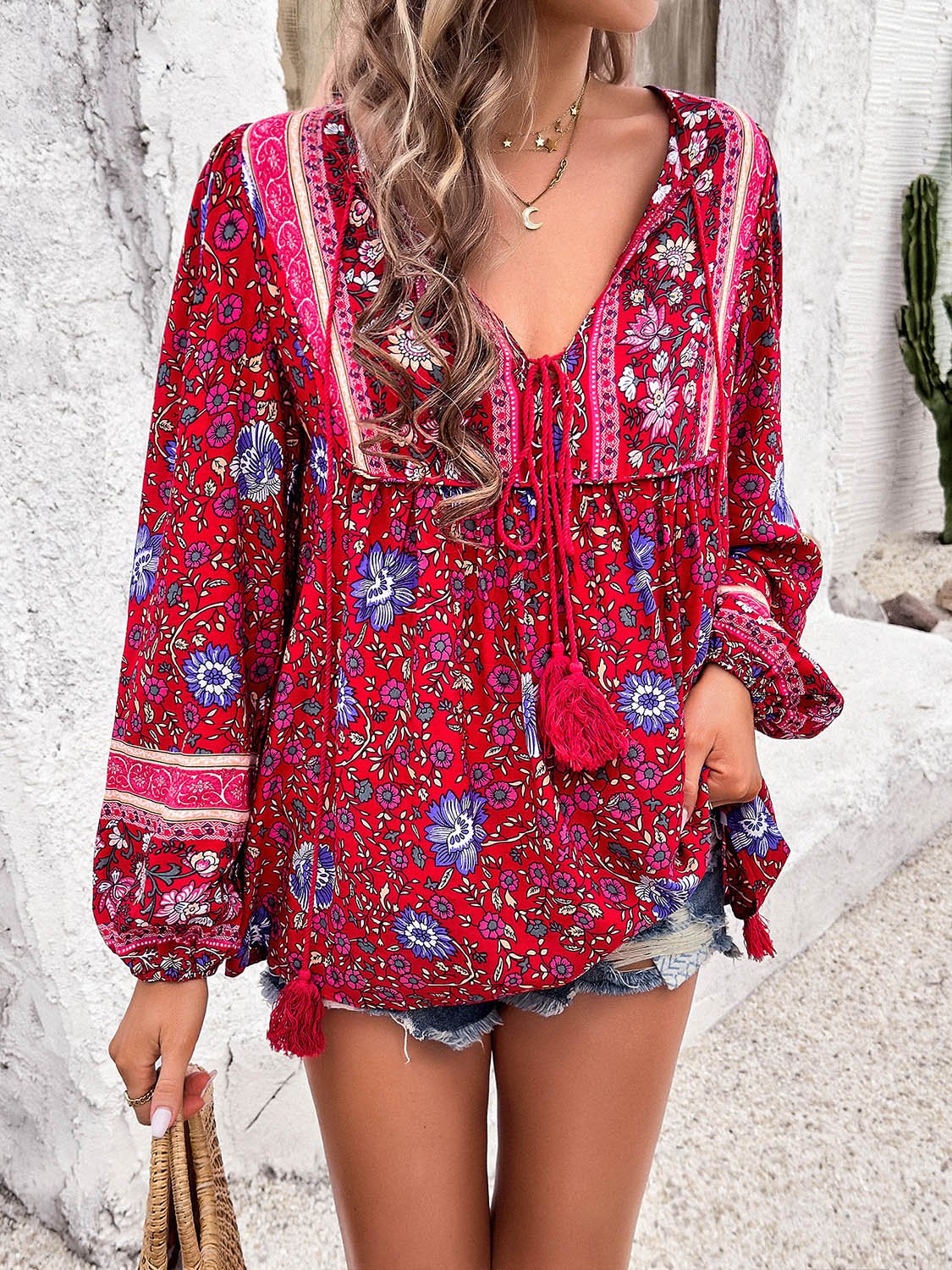 Printed Tie Neck Long Sleeve Blouse - Luminous Bear