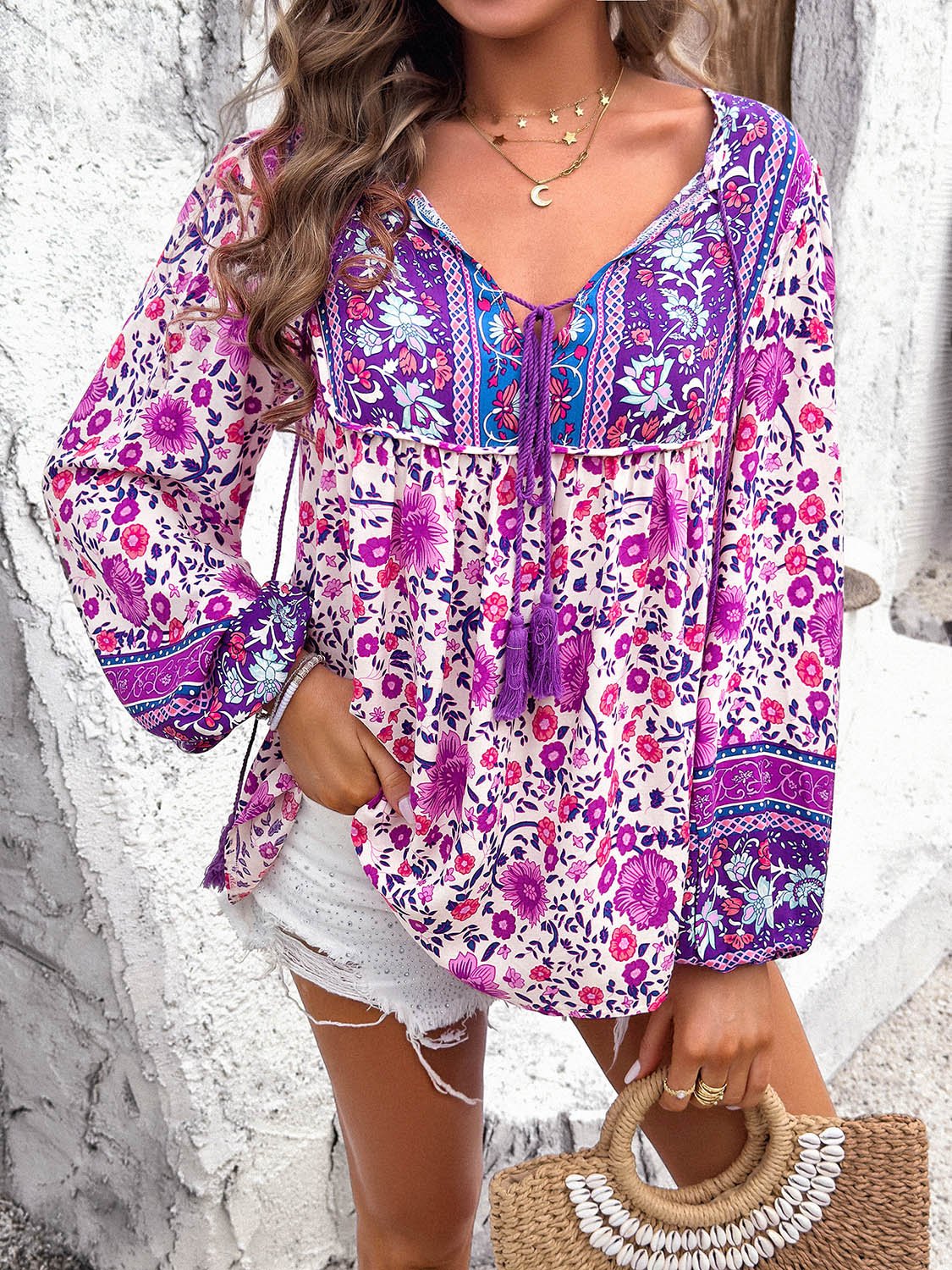 Printed Tie Neck Long Sleeve Blouse - Luminous Bear