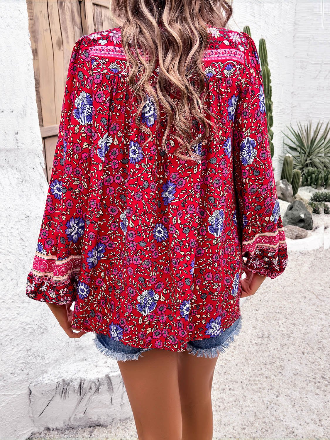 Printed Tie Neck Long Sleeve Blouse - Luminous Bear