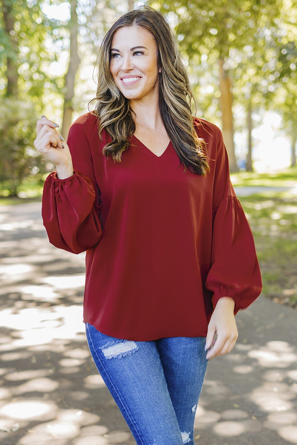 Ruched Notched Balloon Sleeve Blouse - Luminous Bear