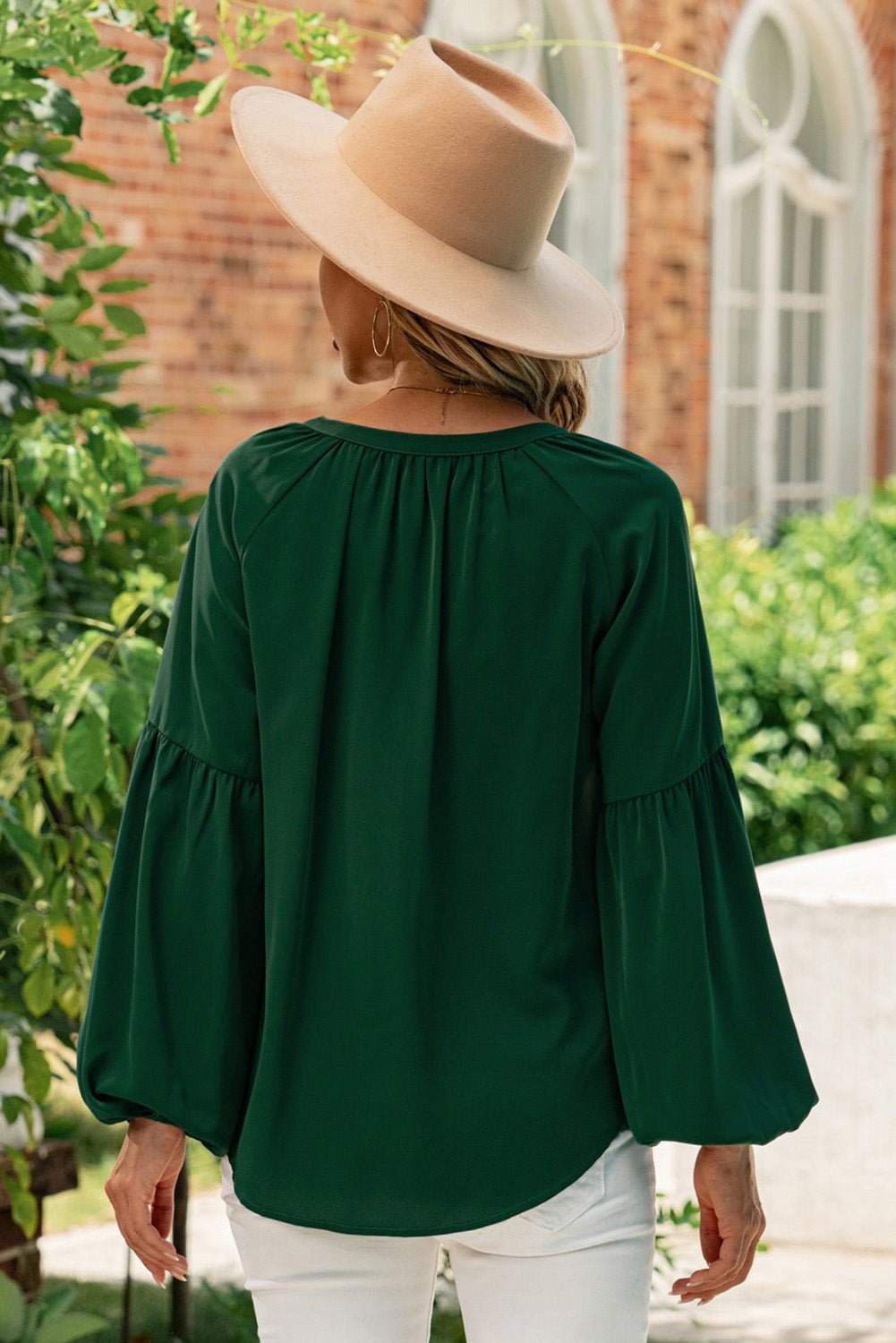 Ruched Notched Balloon Sleeve Blouse - Luminous Bear