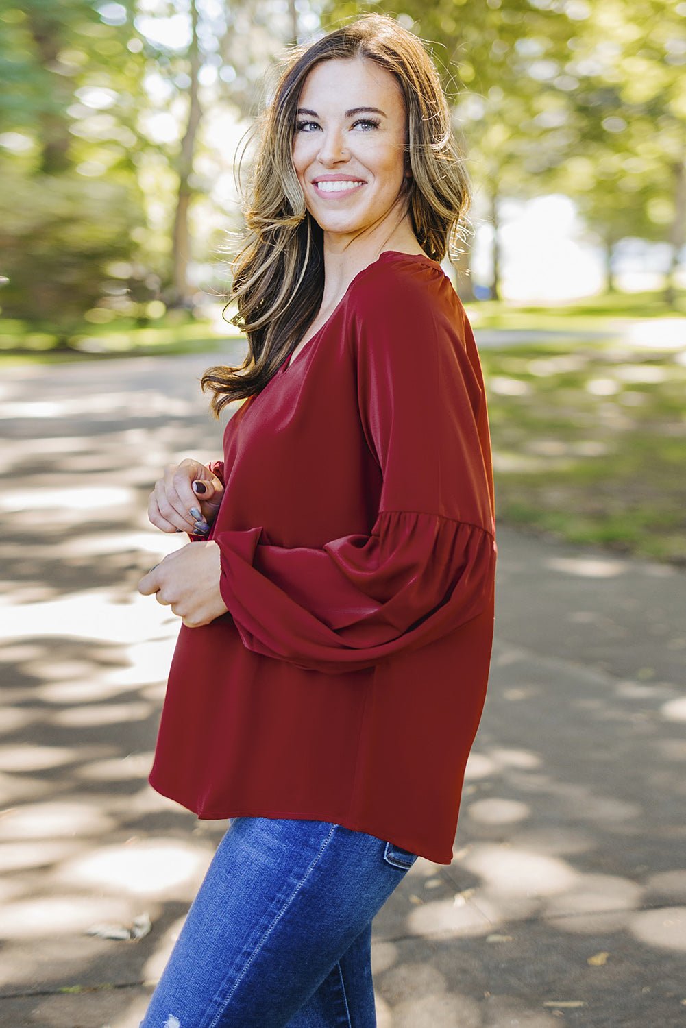 Ruched Notched Balloon Sleeve Blouse - Luminous Bear