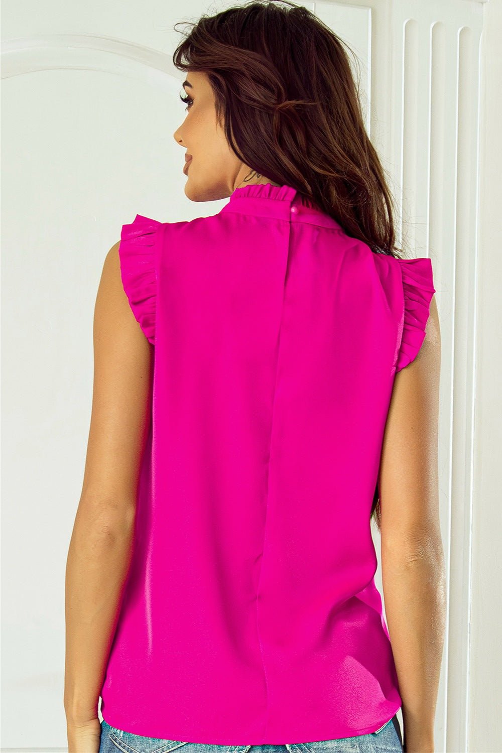 Ruffled Mock Neck Cap Sleeve Blouse - Luminous Bear