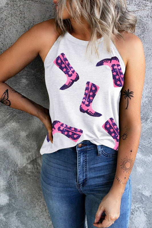 Sequin Boots Print Round Neck Tank - Luminous Bear